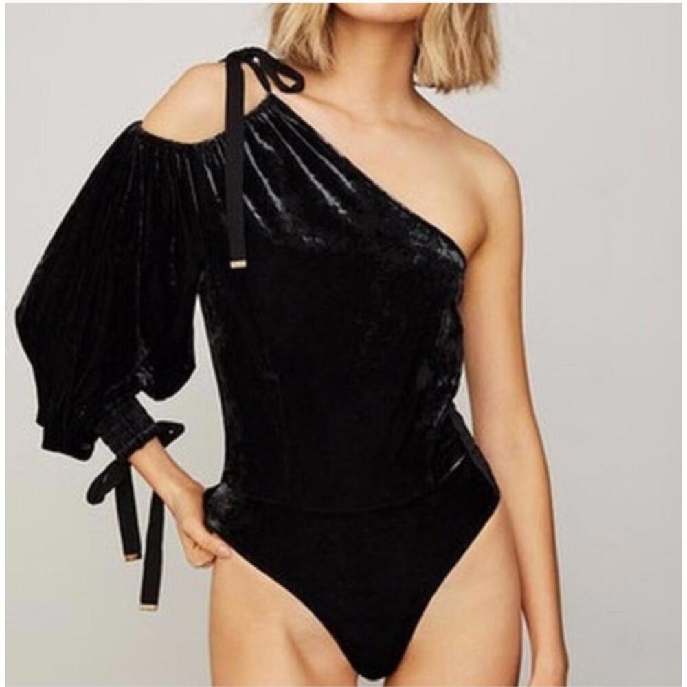 we are hah HAH Black Velvet One-Sleeve Bodysuit